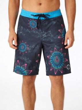Volcom Navy Boardshorts with Teal and Pink Floral Medallions